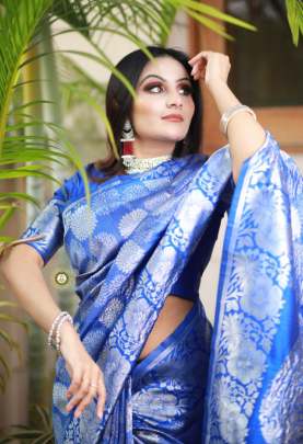 blue flower silk saree