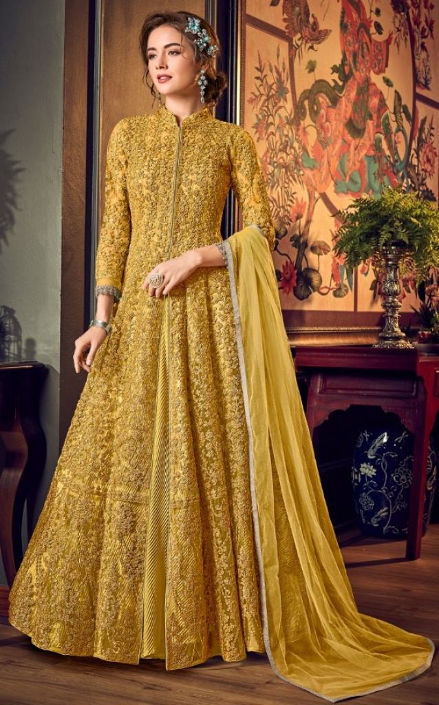 Shop Bright Yellow Silk Anarkali Suit Online in USA with Gota Work – Pure  Elegance